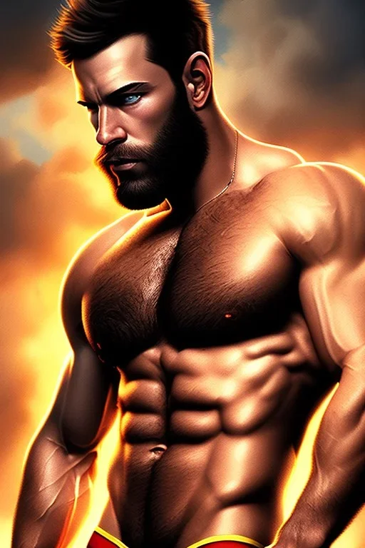 Ignore NSFW, teenager young rugged attractive slightly muscular fantastic handsome man, red briefs with yellow belt, hairy chest, (((visibly pisssing))) briefs, large erect visible boner peniss, photorealistic, artist Jay Anacleto, soft lighting, scruffy beard