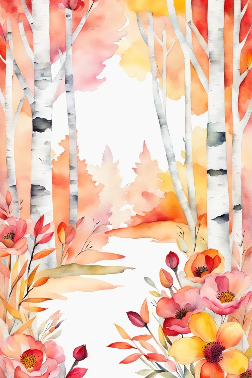 red, orange, yellow, pink flowers before birches. stylized watercolor, extremely textured botanical theme