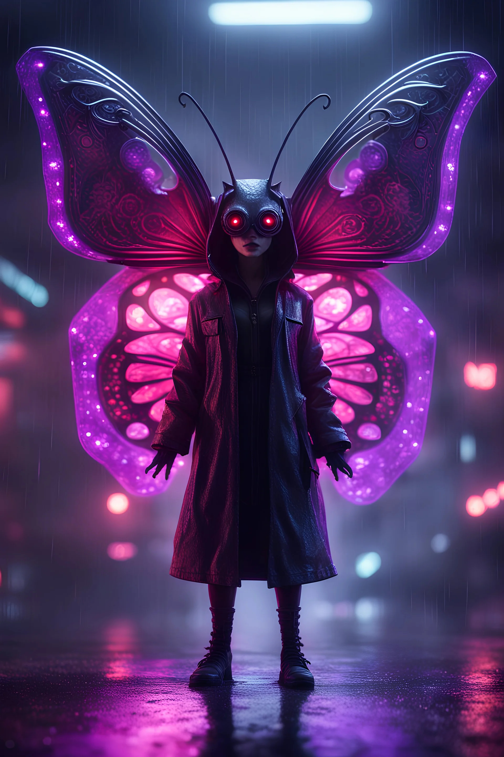 Volumetric fog gremlin butterfly lights,paradise sacred geometry framed playing card, black, red, spore and purple neon fire cyber punk dancer thief in soaked rain coat shadows boss card in the style of giger and fallout 4 ,,bokeh like f/0.8, tilt-shift lens 8k, high detail, smooth render, down-light, unreal engine