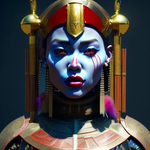 Moroco woman, rounded face, blood, lines, black, red, blue, silver, samurai helmet, decorative color feathers, retro, bamboo, leather, soft color, highly detailed, art stations, concept art, smooth, unreal engine 5, god rays, ray tracing, RTX, lumen lighting, ultra detail, volumetric lighting, 3d, finely drawn, high definition, high resolution.