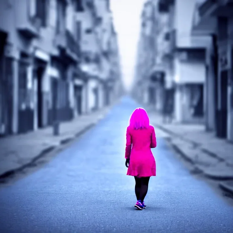 Beautiful lonely girl who walks along a street without people at dawn. You see her from behind. She is very short BLUE dressed. She has pink hair with glowing crystals. Full body, 8k resolution concept art. Professional Photo HD. Stylish. Warm vivid colors. Panoramic