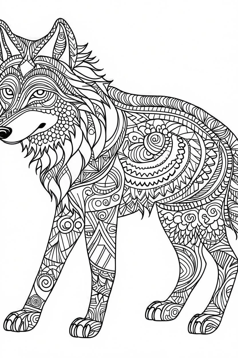 COLORING DRAW OF A WOLF IN CARTOON STYLE, DETAILED , THICK LINES