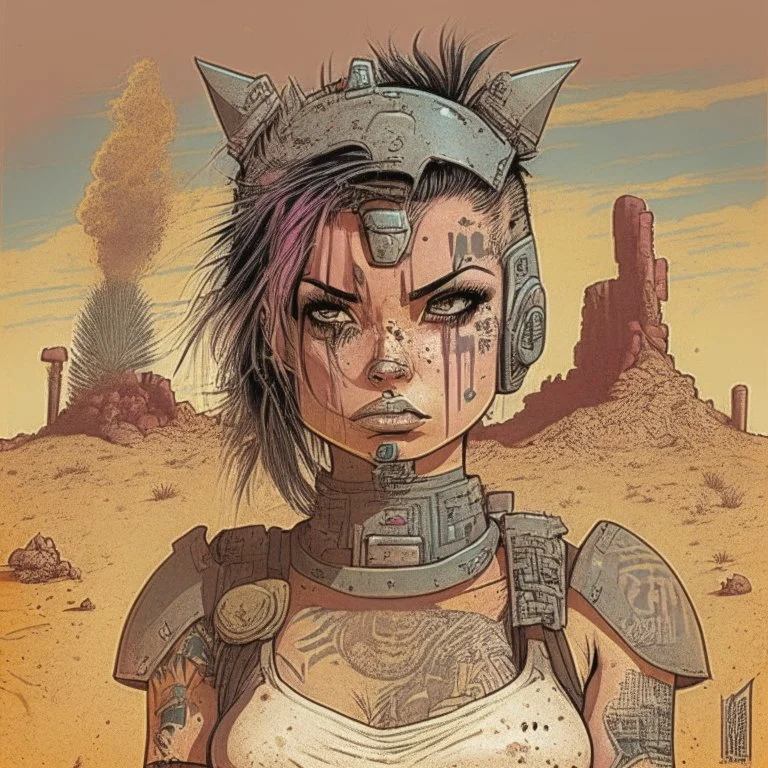 Cute girl tattooed mugshot, cyberpunk desert volcano, 1980 comic book style, knight armor, wasteland.