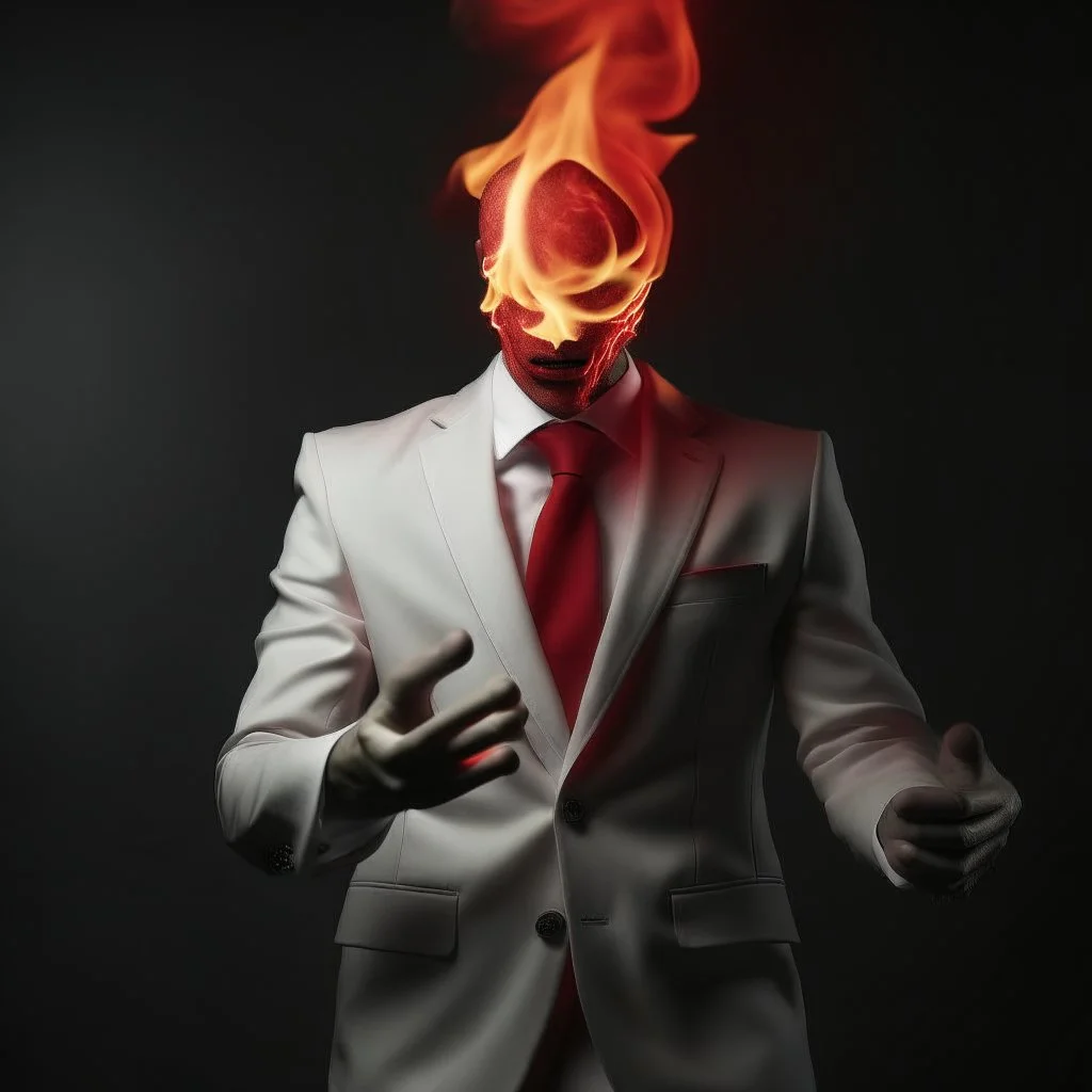 a scary man with fire in the palm of his hand wearing a white suit with a red tie who has no face