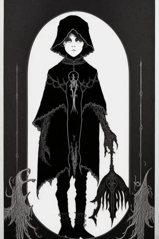 7 year old boy, necromancer, friendly, looks dead,with a long lamprey emerging from his belly , wearing black robes, in the style of Harry Clarke