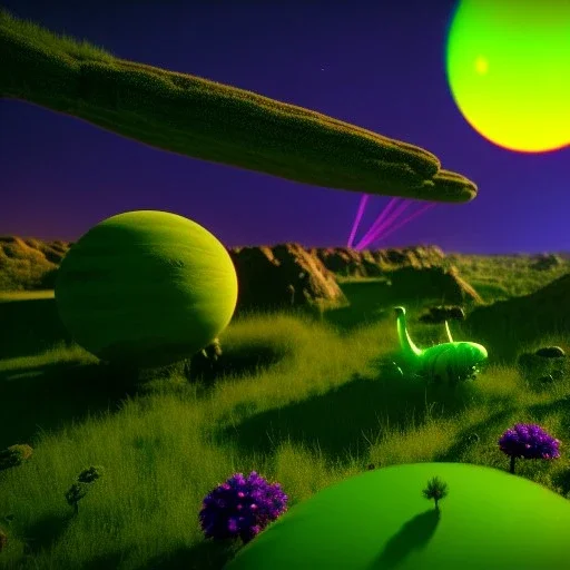 scifi landscape, herbivore alien animals that graze, lighting plants, flovers, another planet in sky, 8k resolution, dynamic lighting, ultra hyperdetailed, Unreal Engine 5, ultra colourful, very small details