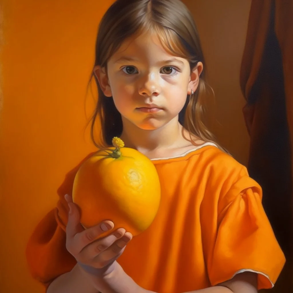 Neoclassicism child holding an orange painting yellow realistic cote d'azur