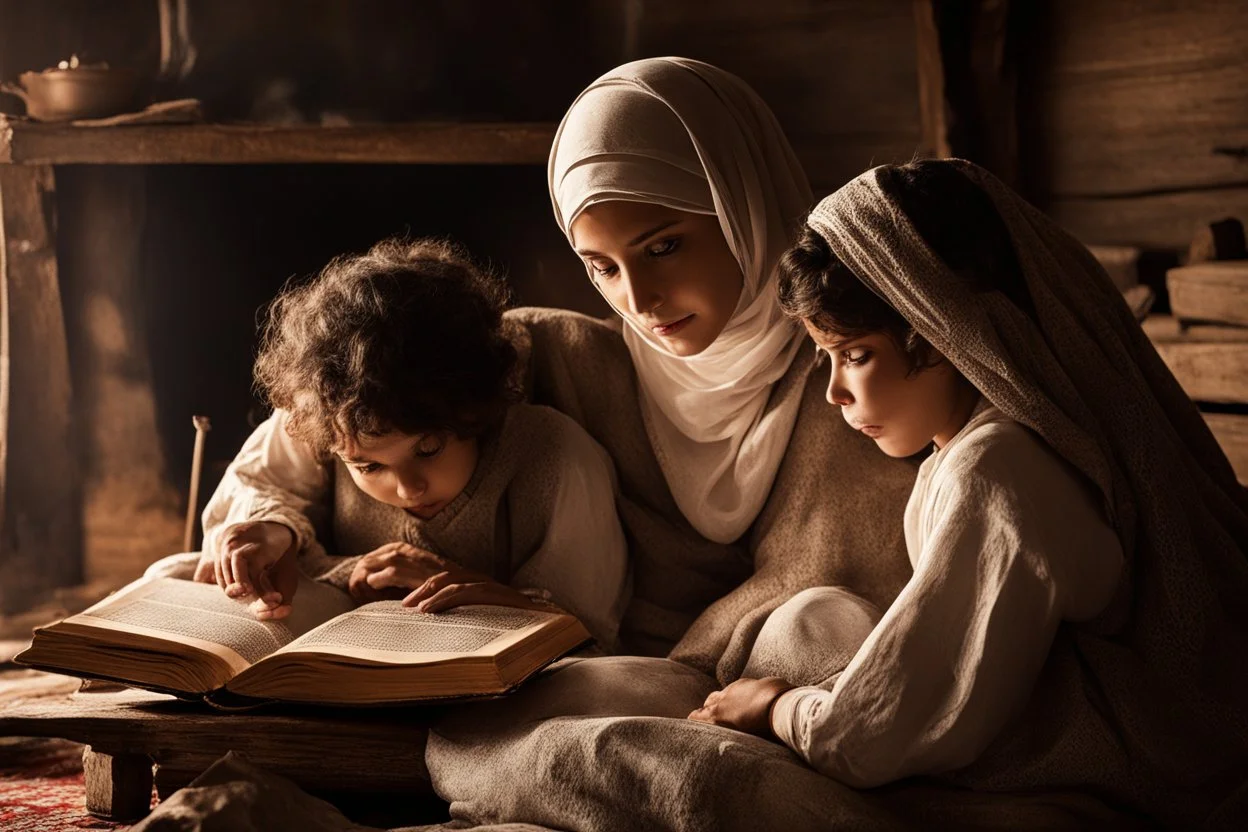 A close-up scene of an Arab mother reading the story from a book with her children around her in the room of the old wooden house near the fireplace 100 years ago.