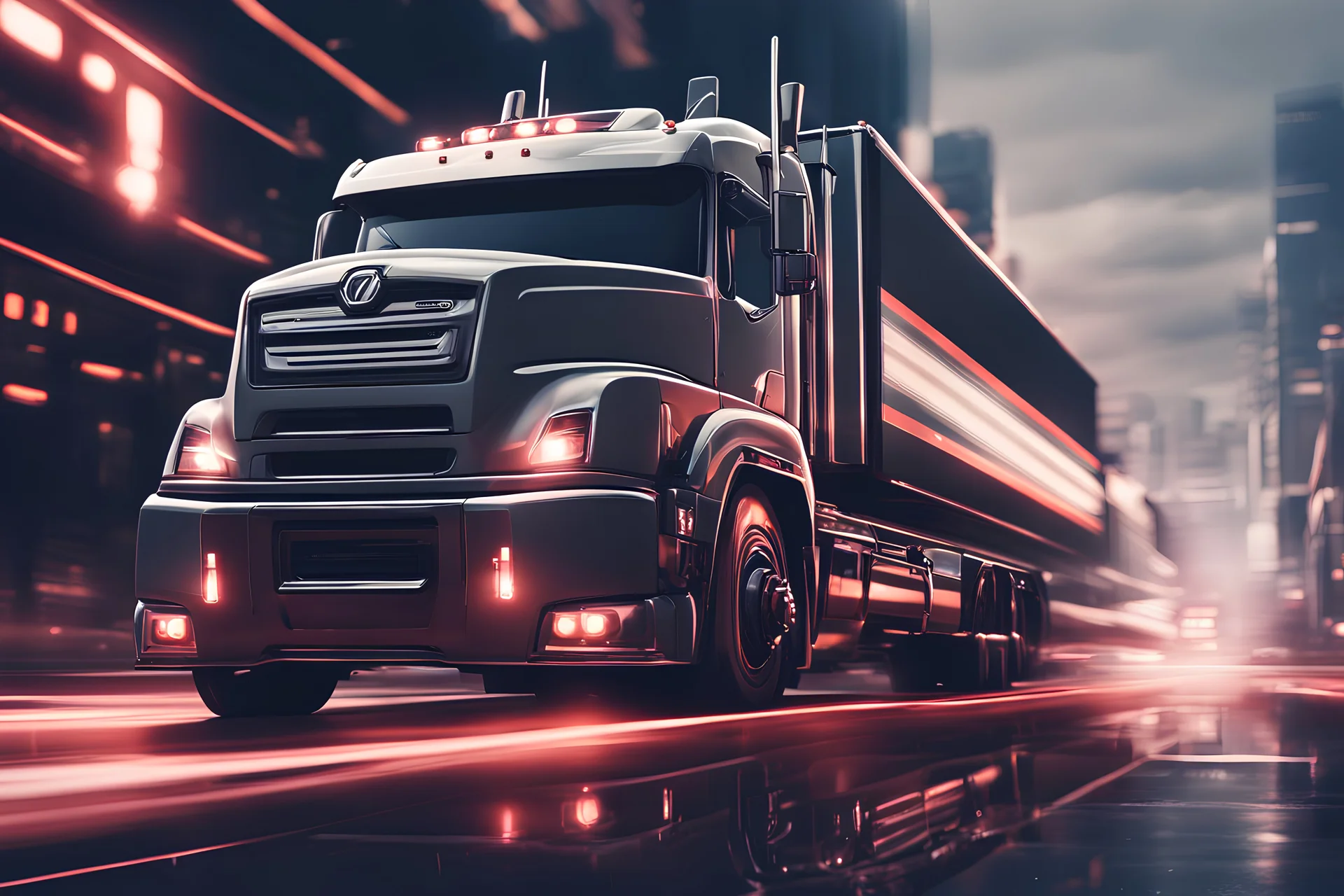 cinematic view, 8k, high resolution, stylized, monochromatic, vectorial, oil painting, art of a hino profia truck running in a futuristic road, lights, blurred background, neon, bokeh effect, surrealistic, forced perspective
