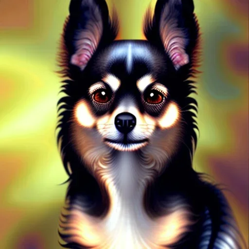 black chihuaha papilion dog, chion, sweet, realistic, long hair chihuaha