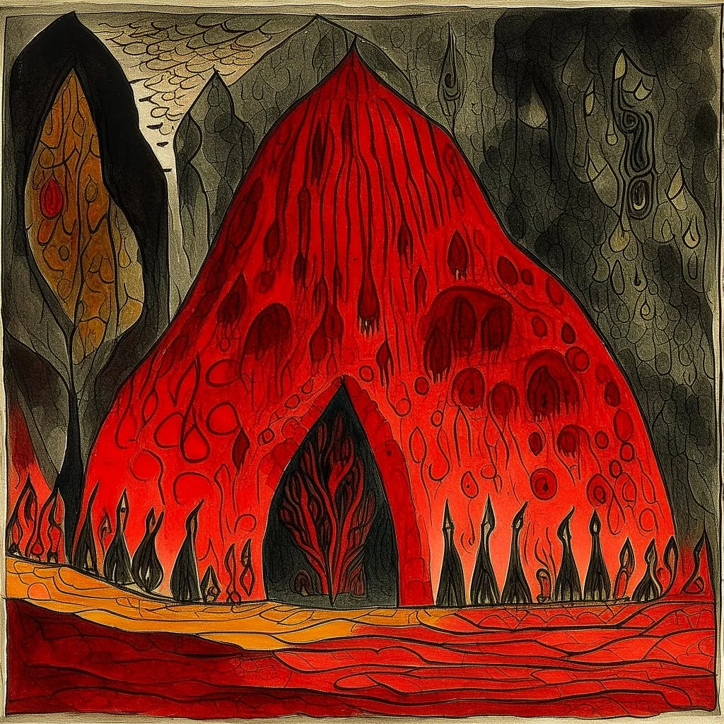 A dark red lava flows in underground designed in Kuna molas painted by Paul Klee