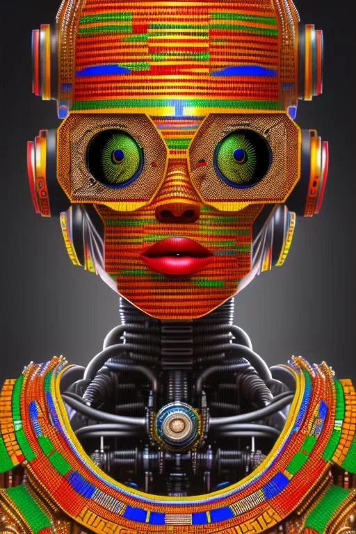 robot portrait in Kente, rusted clock eyes, cinematic, ghana flag, african pattern symbols, engraved, 8k quality