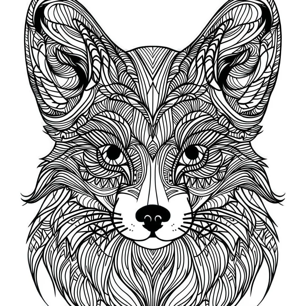 Fox, front view, mandala, minimal lines, cartoon, white back ground color, real style, realistic, minimalistic, minimal black line art, line art, crisp line art, unique coloring sheet, outlined, outline, crisp, crisp line edges, illustration, thin lines, crisp clear lines, line art, clean line art, unique, 8k, amazing, masterpiece, no colors, no dark color, no black color, avoid thick black, minimalistic line edges, pure white back ground, image character full fit to page,