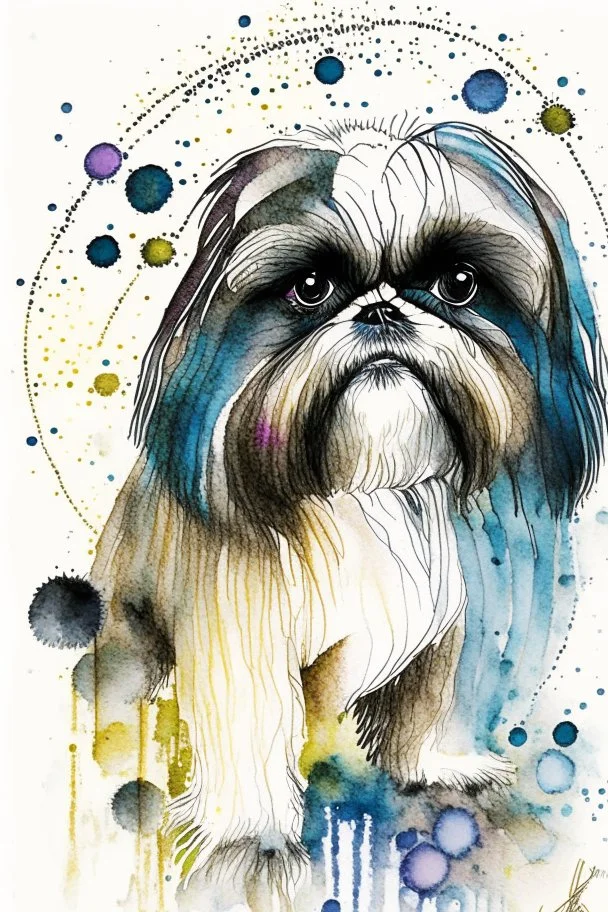 Abstract wet watercolour of a Shih tzu ink lines, interlinked circles,detailed focus on eyes