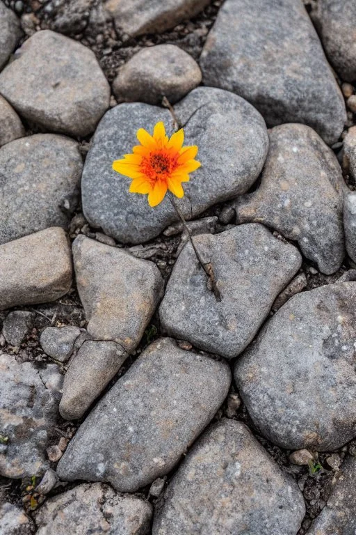 small beautiful flowers grow out of cracks in the grey stones and rocks