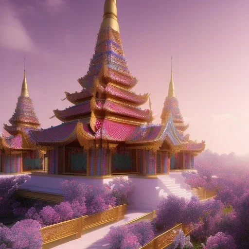 jolie petit temple hindou, lac turquoise, ciel rose et bleu, lumière, fleurs délicates, ambiance très réelle, 8k, Cinematic lighting. Photorealistic. Dynamic lighting. Imperial colors.