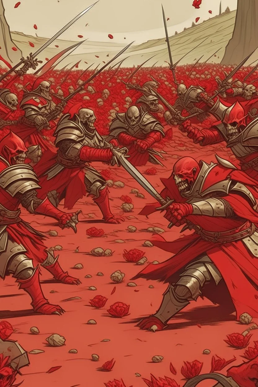 a red battle field with dead orcs