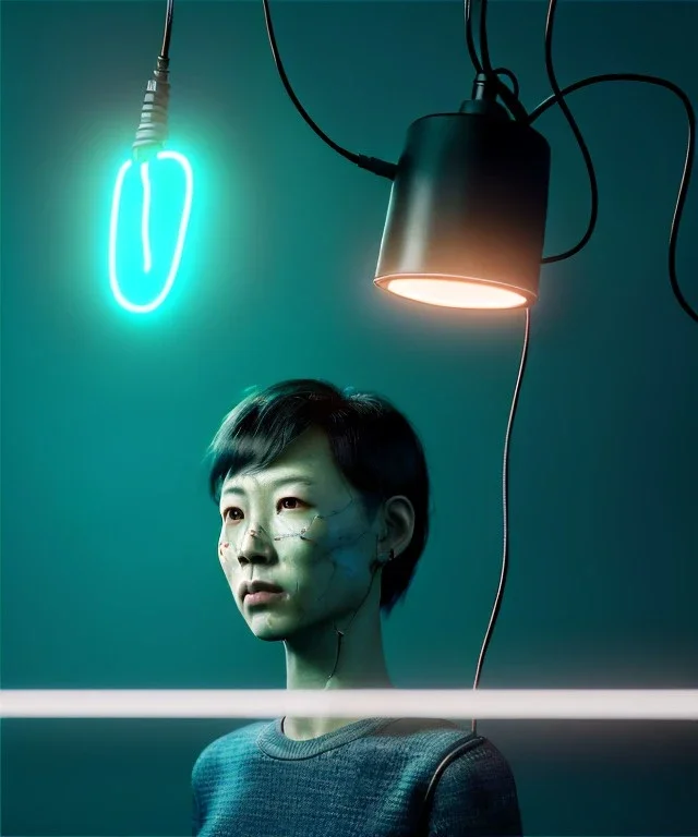 Ultra realistic photographic night portrait, cinematic, <3 Asian woman> <hanging wires> <retro computer screen> many wires coming out of the head <perfect pupil> <cyborg arm> <garage> <wide angle Shot> <sci-fi futuristic> <thriller>, neon lights, color fog, soft color, highly detailed, unreal engine 5, ray tracing, RTX, lumen lighting, ultra detail, volumetric lighting, high definition.