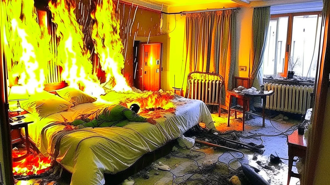 Russian lunatic tears hotel room apart then starts it on fire while man squats down and defecates on the bed