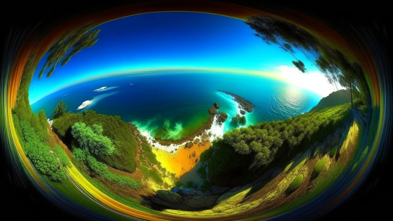 fish-eye lens perspective showing curvature of earth at the horizon, brilliant lush vibrant landscape of primordial jungle giving way to the ocean, verdant, eco-friendly, award winning surreal photography