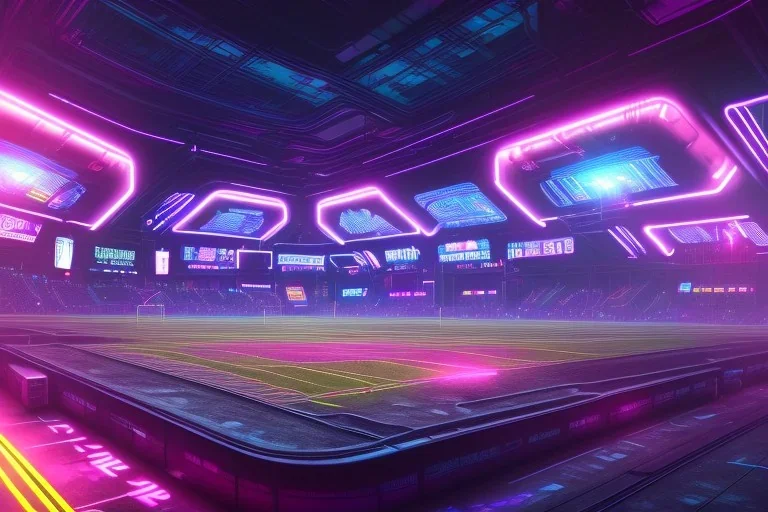 cyberpunk football stadium, cyberpunk, full body, realistic, intricately detailed, neon lighting, vivid colors, neon, futuristic, 64k