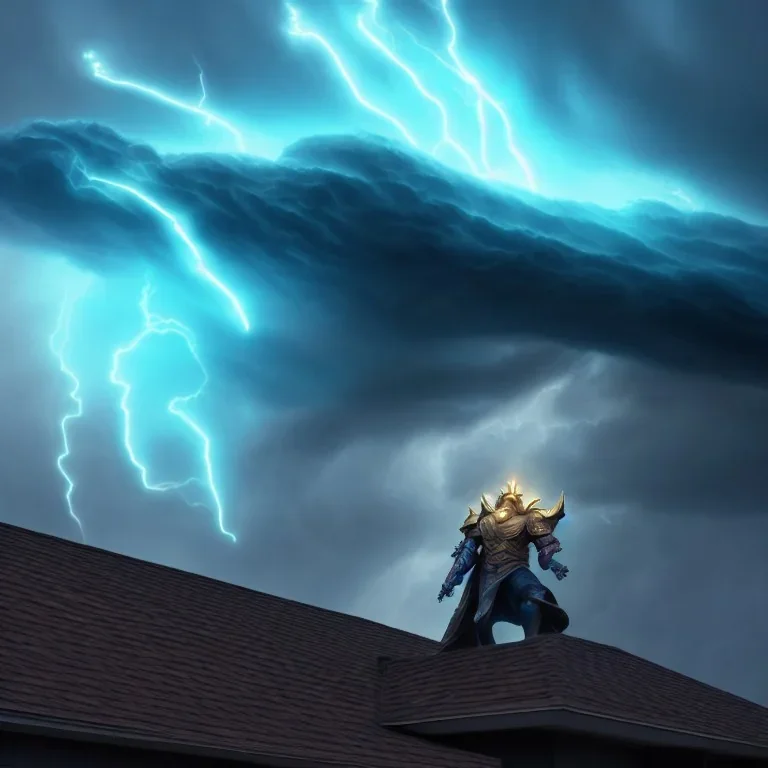 Close up, Rooftop view, Giant Paladin casting a hologram shield spell covering a Home,encroaching storm, ominous color palette, 8k resolution, high-quality, fine-detail, detailed matte, volumetric lighting, illustration, greg rutowski, crystal Sully,