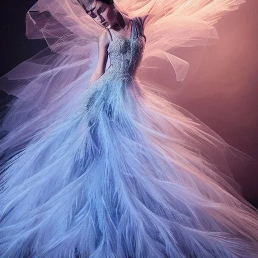 dress made out of feathers sequins and tulle and organza, swirlng, ethereal, heavenly, stunning colors, chiaroscuro, fashion photography, vogue, dramatic, beautiful lighting, delicate composition, aesthetic, ballerina, ballgown