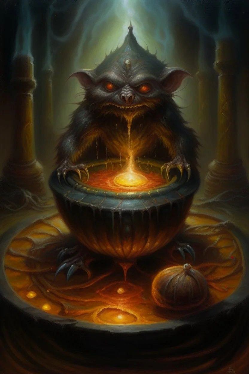 Living cauldron with shining sigil, slightly demonic beaver alien gremlin bat in it, prize winning oil painting