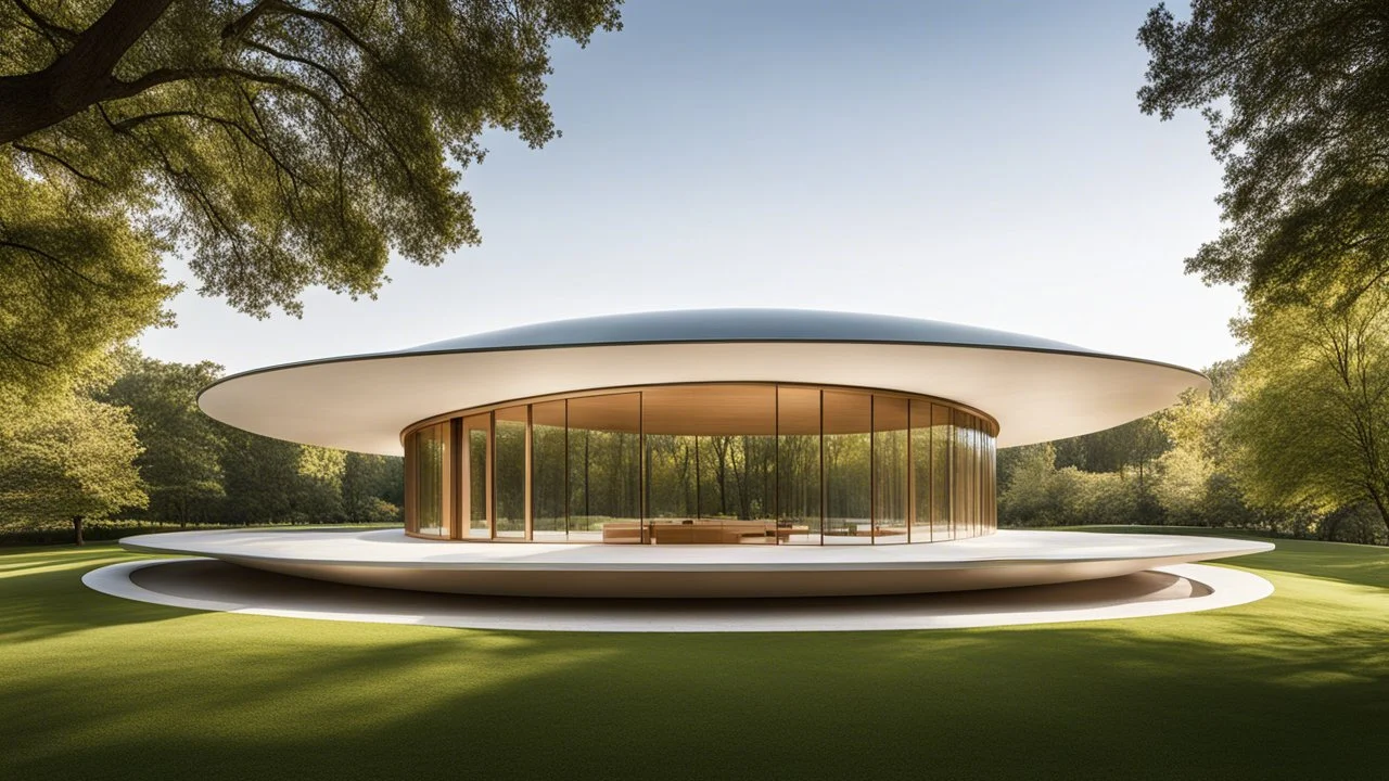 A large, elliptical-shaped pavilion set in the middle of a tranquil park. The building's sleek, continuous curve hugs the earth, with an elliptical glass roof that reflects the sky and surrounding nature. The smooth lines of the structure create a calming flow, and its minimalistic design emphasizes organic shapes inspired by natural curves. Award-winning photograph.