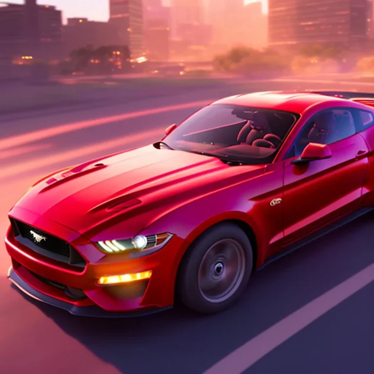 ford mustang, city. high speed. bokeh. lens flare. warm lights. high detailed