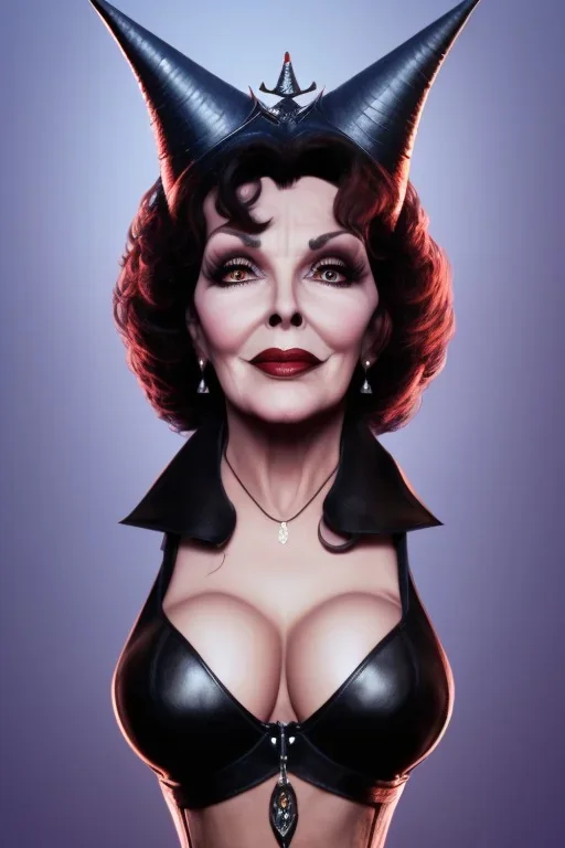 Joan Collins as evil queen in black leather, leather, busty, cleavage, angry, stern look. character design by cory loftis, fenghua zhong, ryohei hase, ismail inceoglu and ruan jia. unreal engine 5, artistic lighting, highly detailed, photorealistic, fantasy