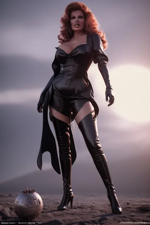 Raquel Welch as evil queen in black leather gown, angry, busty, curvey, cleavage, unreal 5, octane render,cinema4d, dynamic lighting, dramatic lighting, 4k, redshift render, highly detailed, hyper realistic