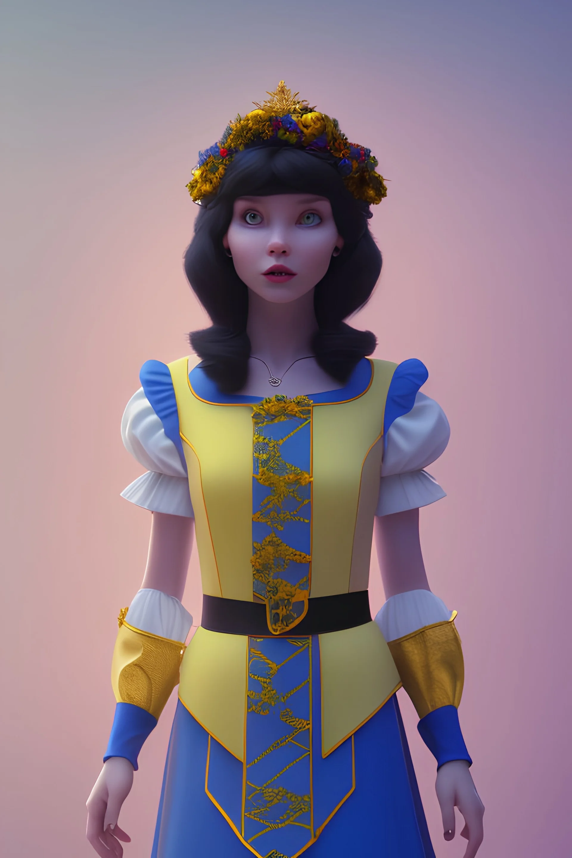 4K Ultra-HD, Hyper realistic, cinematic lighting -- Snow White, short, bowl-cut black hair, blue eyes, Yellow skirt, blue blouse with short poofy sleeves, extremely pail skin, Rose pedals, wild animals, Castle, Full body image -- 4k, stunning, dramatic lighting, dramatic background, cinematic, atmospheric, very detailed, historic, powerful, octane rendering, exquisite detail, 30 - megapixel, 4k, 85 - mm - lens, sharp - focus, intricately - detailed, long exposure time, f8, ISO 100, shutter - s