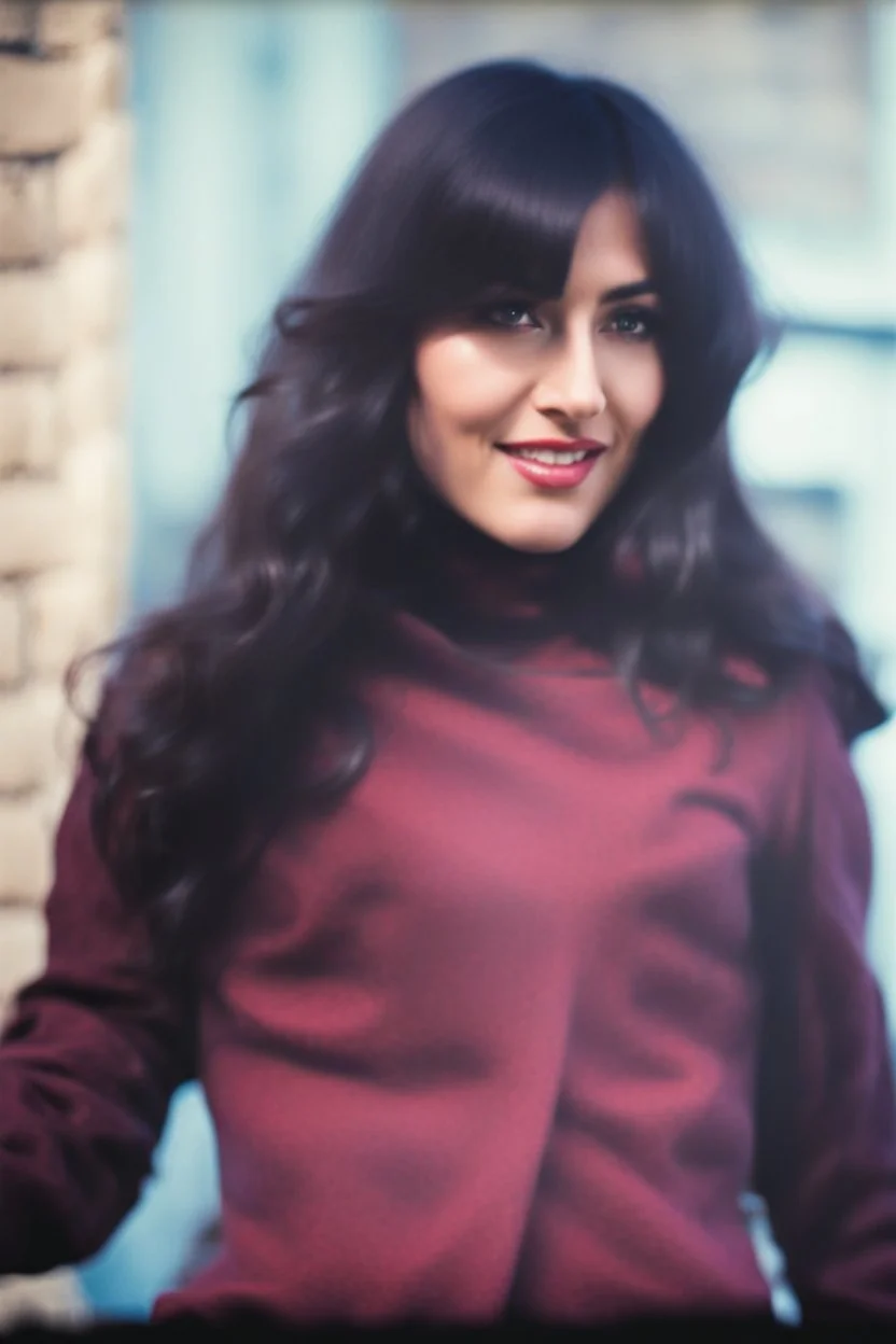 a woman standing in front of a brick wall, home video footage, persian rug, may 6 8, black bangs, waldo in the top right of frame, in a village street, of an beautiful girl, photo still of behind view, 1 female, old footage