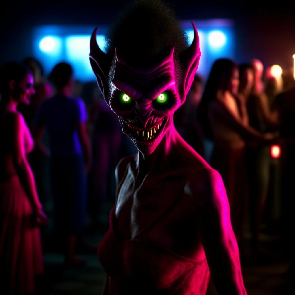 fasion female demon from the movie "insidious", wild goblin birthday party on stonebridge background , motion blur, 8k, downlight, soft light, depth of field, photorealism, trending on art station, lotsa detail