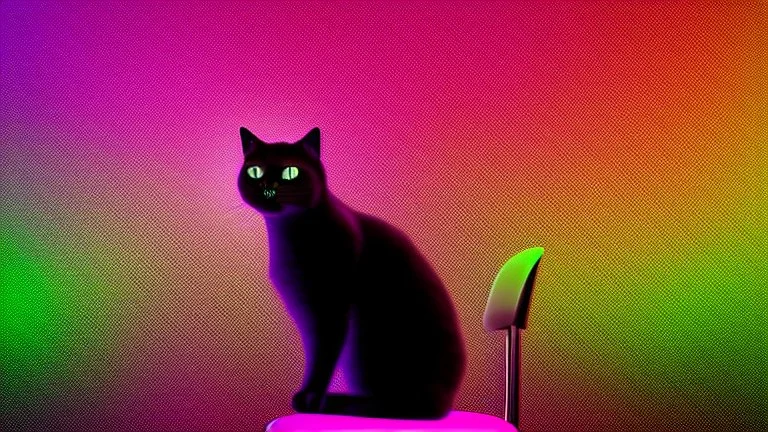 black cat sitting on an office chair, dark room with neon violet lights, realistic