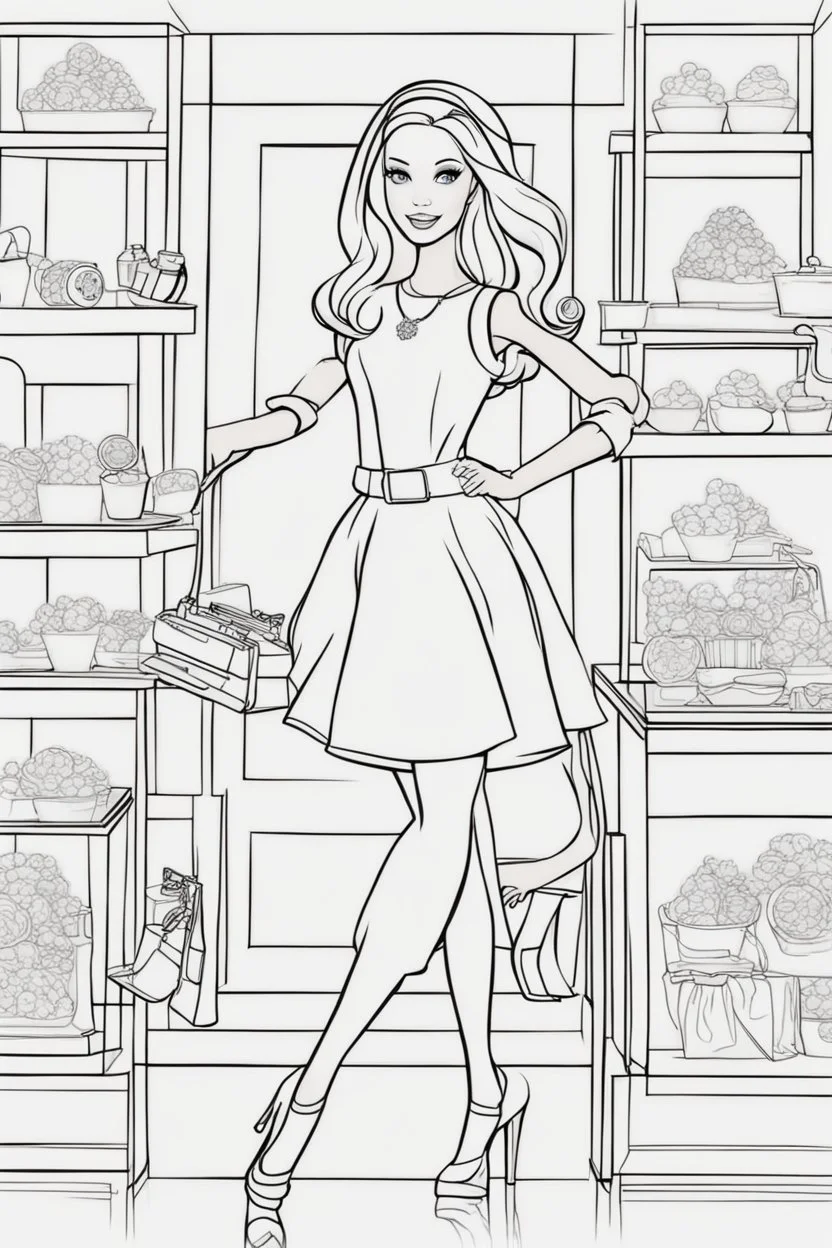 outline art for kids barbie coloring pages with barbie shopping , no background, sketch style, full body, only use outline, mandala style, clean line art, white background, no shadows and clear and well outlined. should look exactly like barbie