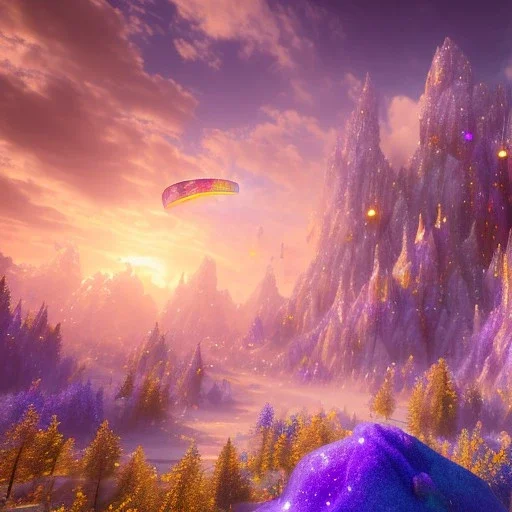 blue gold and violet landscape with multicolored crystals falling from the sky, full of details, smooth, bright sunshine，soft light atmosphere, light effect，colorful, concept art, smooth, extremely sharp detail, finely tuned detail, ultra high definition, 8 k, unreal engine 5, ultra sharp focus