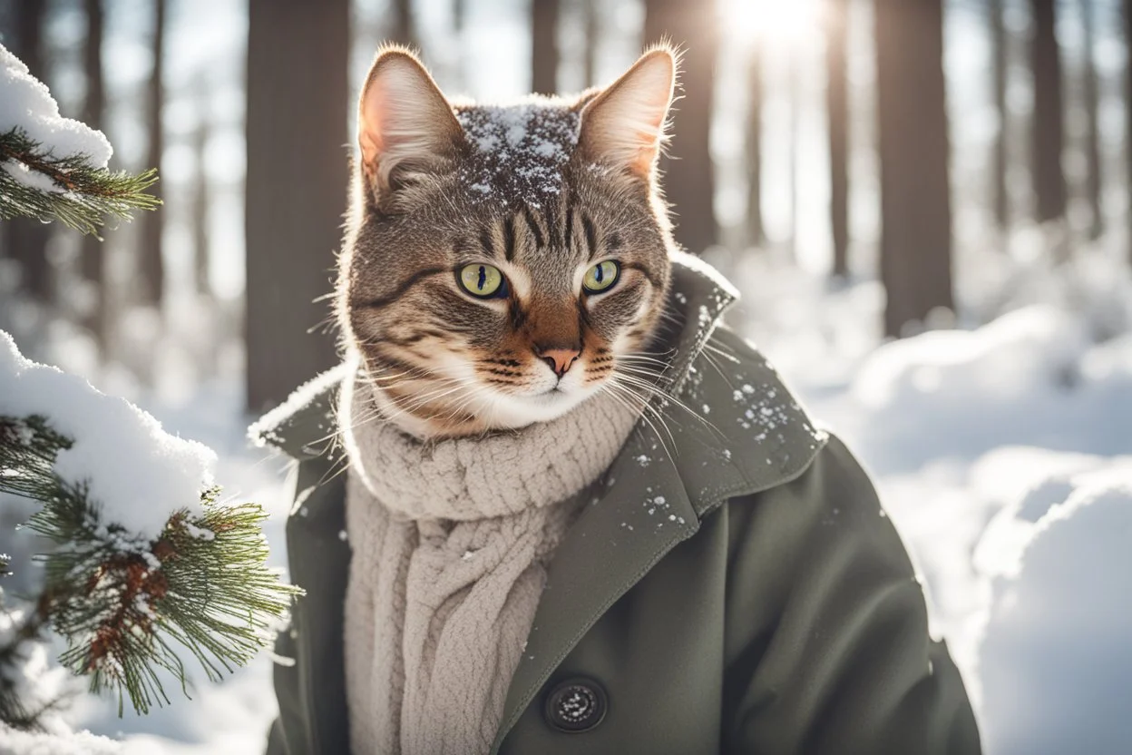 Cat in Wellensteyn coat, winter forest, pine trees, snowing, in sunshine