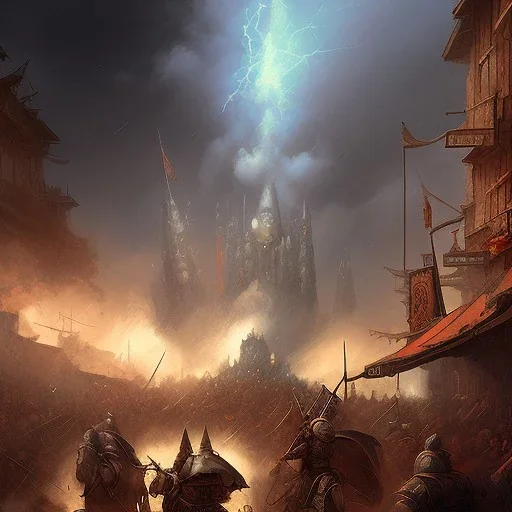 frank frazetta style, medieval town in battle, storm