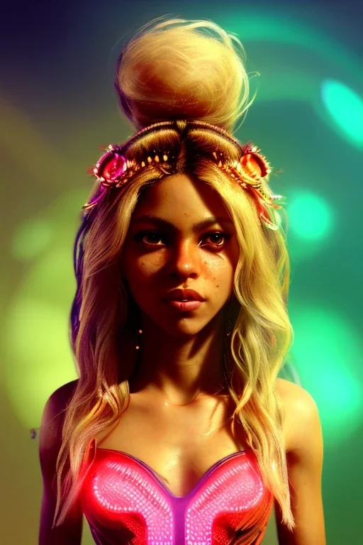 Shakira, artist, 30 years old, Realistic image, waist up portrait, etro style dress. Blonde, feathers, loose long hair, eyes make up, perfect, glow, circle iris. Neon colors, leds, geometric shapes. Dark background, photo studio, neon lights. Cyberpunk, concept art, smooth, unreal engine 5, god lights, ray tracing, RTX, lumen lighting, ultra detail, volumetric lighting, 3d, finely drawn, high definition, 4k.