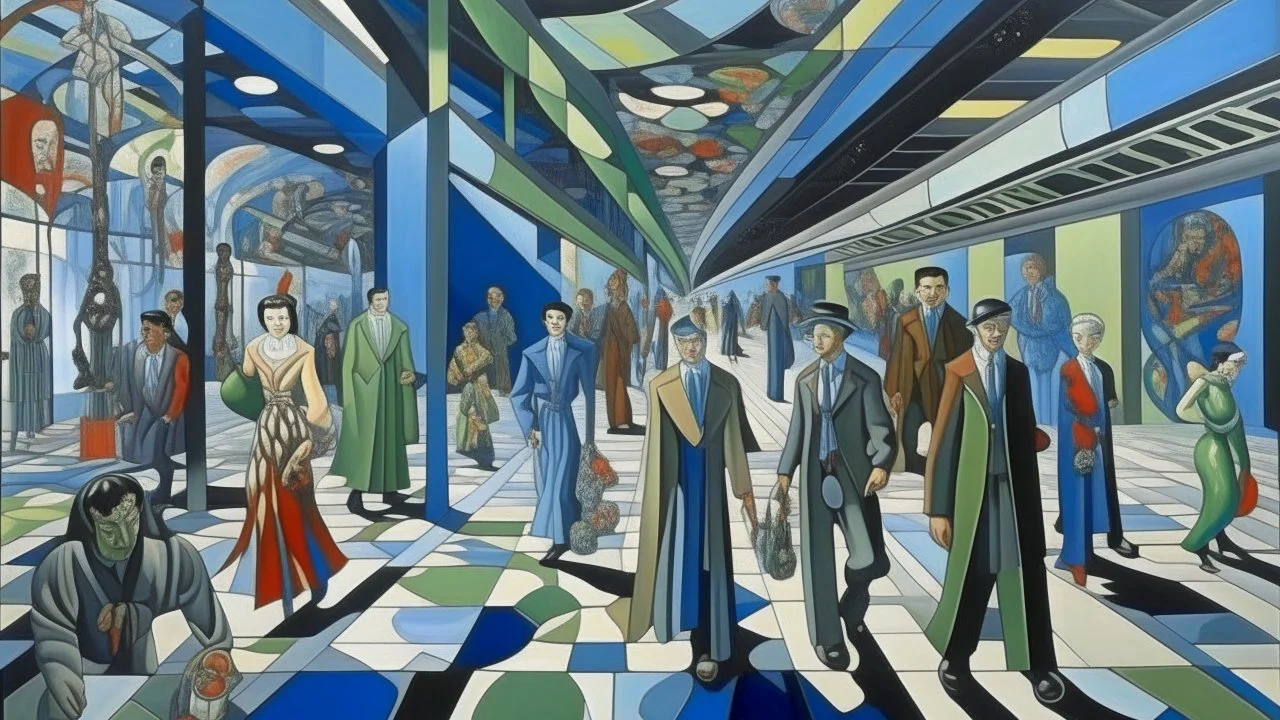 An oil painting by Kuniyoshi and Picasso of tech-people walking inside a futuristic matrix world.