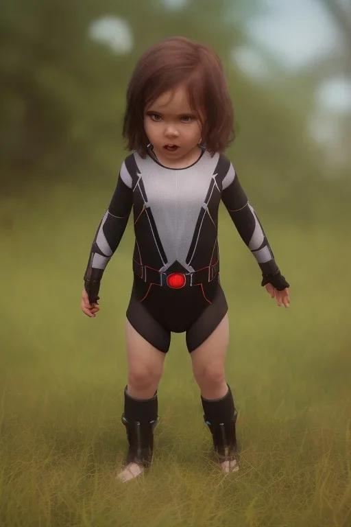 Black widow toddler, serious, portal, full body, jump, bokeh, hyper realistic