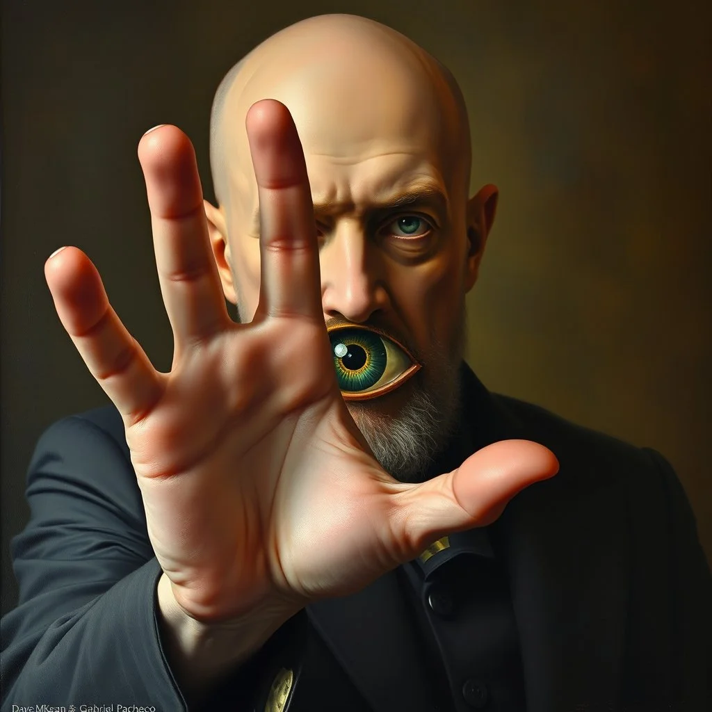 Bald Aleister Crowley holding up hand revealing an eye in middle of his palm, arcane matte oil painting, by Dave McKean and Gabriel Pacheco