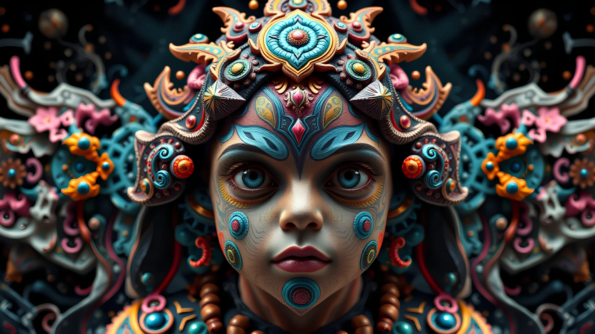 3D symmetrical rendering of an enigmatic expressively detailed and intricate, hyperrealistic dreamscape child: symmetric, front view, colorful paint, tribalism, steampunk, shamanism, cosmic fractals, dystopia, telepathy, 16k, high-resolution, realistic, surrealistic, v-ray, quixel megascans render, sintane render, dramatic volumetric lighting, exquisite composition, beautiful detailed intricate detailed octane render, artistic photography, photorealistic, perfect light, chiaroscuro