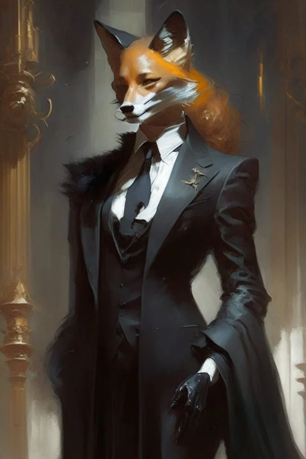 a fox in black suit and court gown in the style of Aleksi Briclot, Charlie Bowater, Dean Cornwell, and Pino Daeni