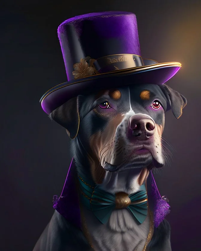 Perro medio humano con traje sombrero elegante detallado cuerpo completo 4k