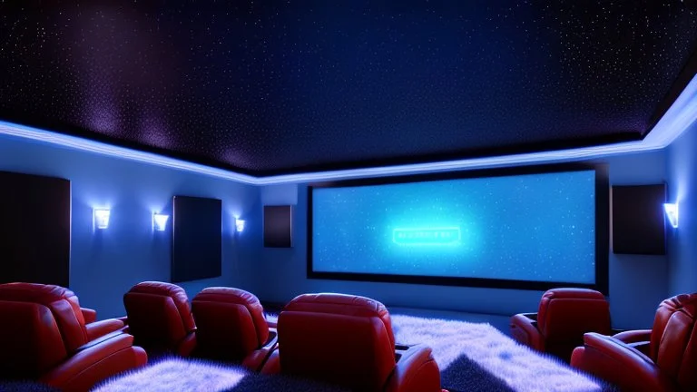 Generate an image of a sleek home cinema with a star-lined ceiling and blue LED's