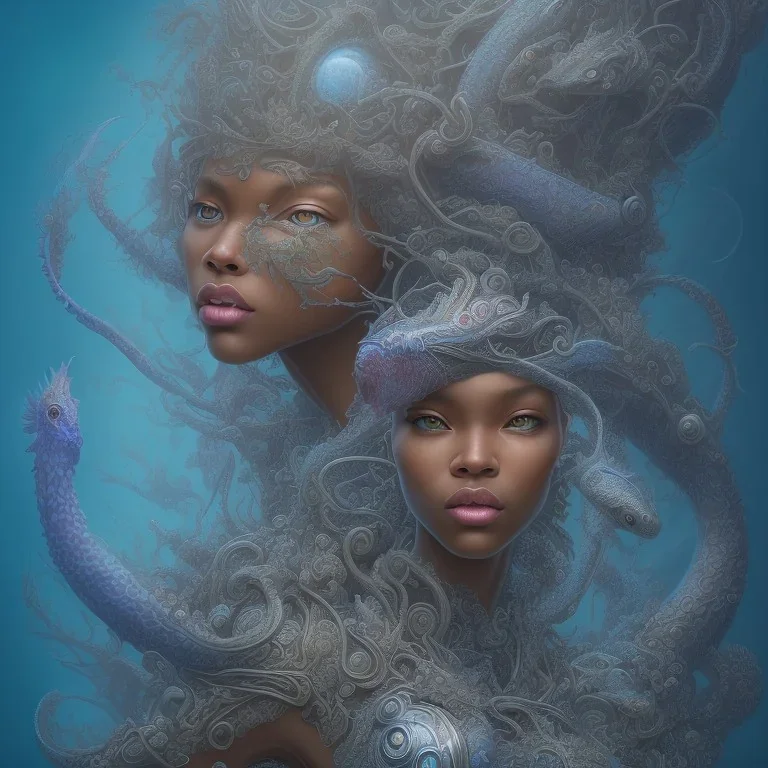 sango fantasy, fantasy magic, intricate, sharp focus, illustration, highly detailed, digital painting, concept art, matte, artgerm and paul lewin and kehinde wiley, masterpiece sexy lips Hawaiian afro lips black African lady body mermaid Dragonfish head blue space lady sea under water mermaid seaweed pyramid