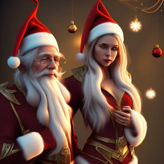 two elves. woman and man. Christmas scene. photorealistic. low-key